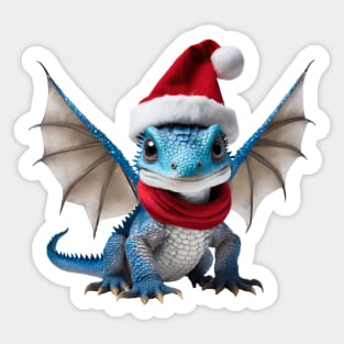 Realistic Artwork of a Cute Blue Baby Dragon Wearing a Red Santa Christmas Hat Sticker